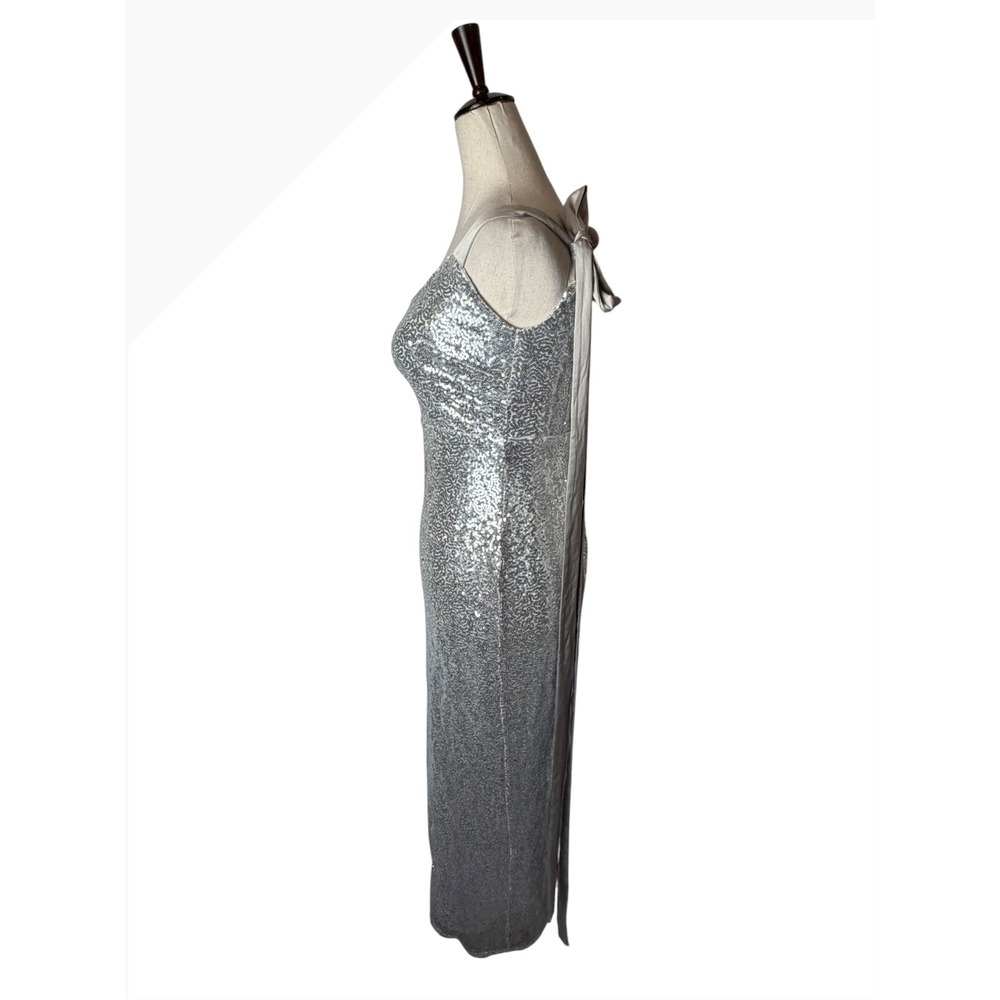 Angel Biba Sequin Maxi Dress Women Small Silver Satin Tie Gown NWT Party - Picture 5 of 13